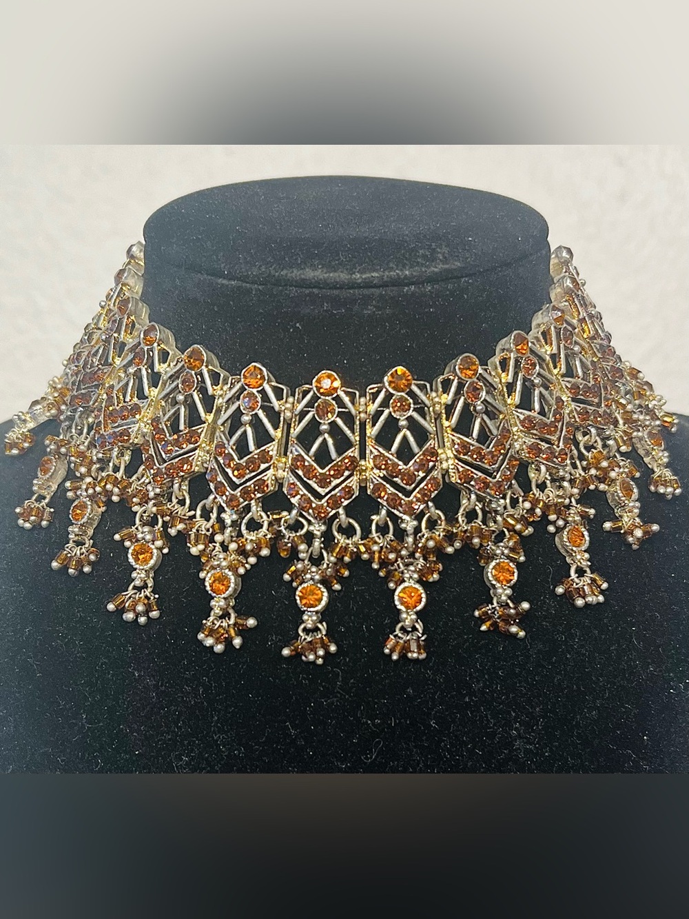 Vintage Indian Amber Crystal Fringe Choker Necklace
